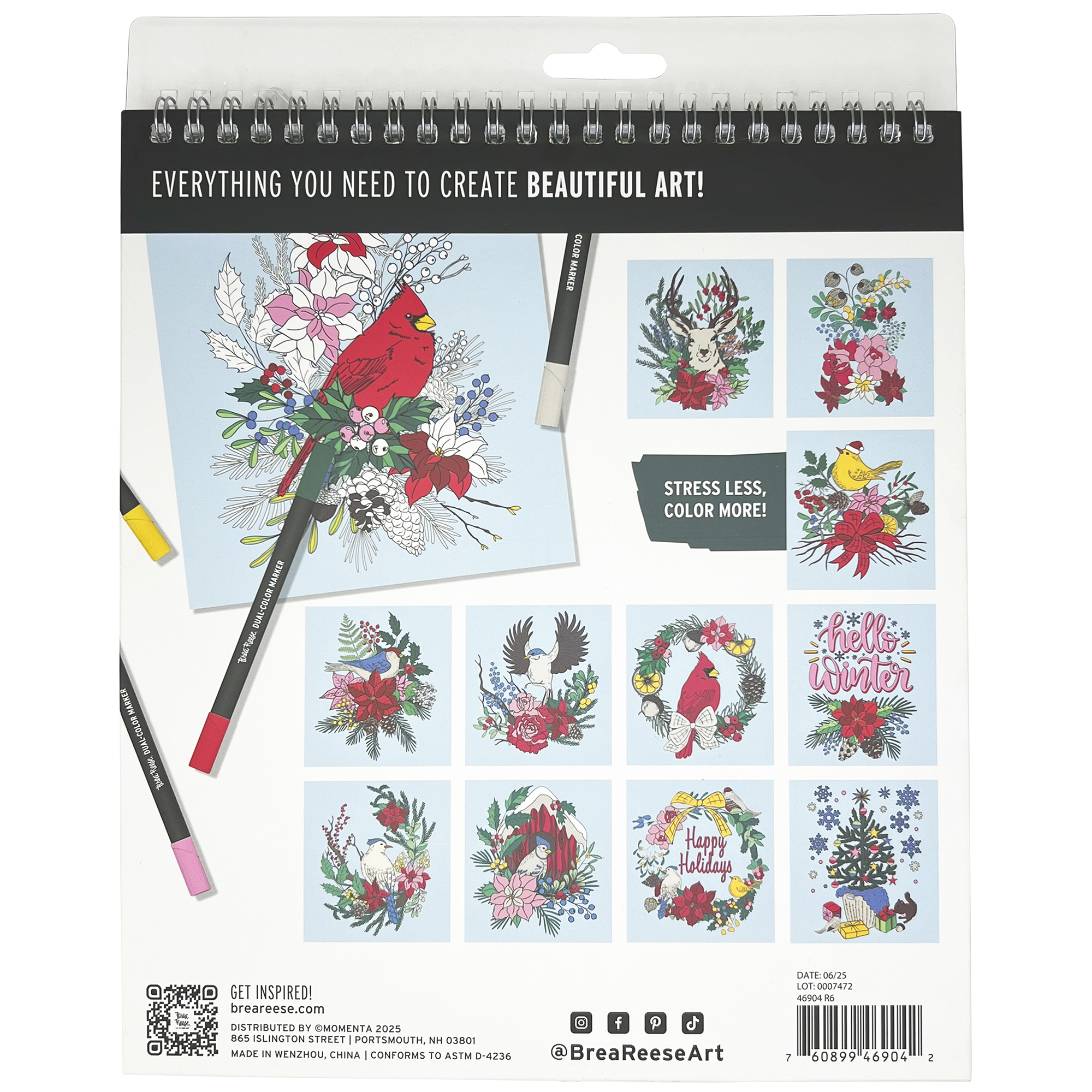 Brea Reese: Marker Coloring Kit - Cardinal - 5 Dual-Sided Markers, 12 Holiday Bird-Themed Coloring Pages, Festive Spiral-Bound Art Pad, Adult Craft
