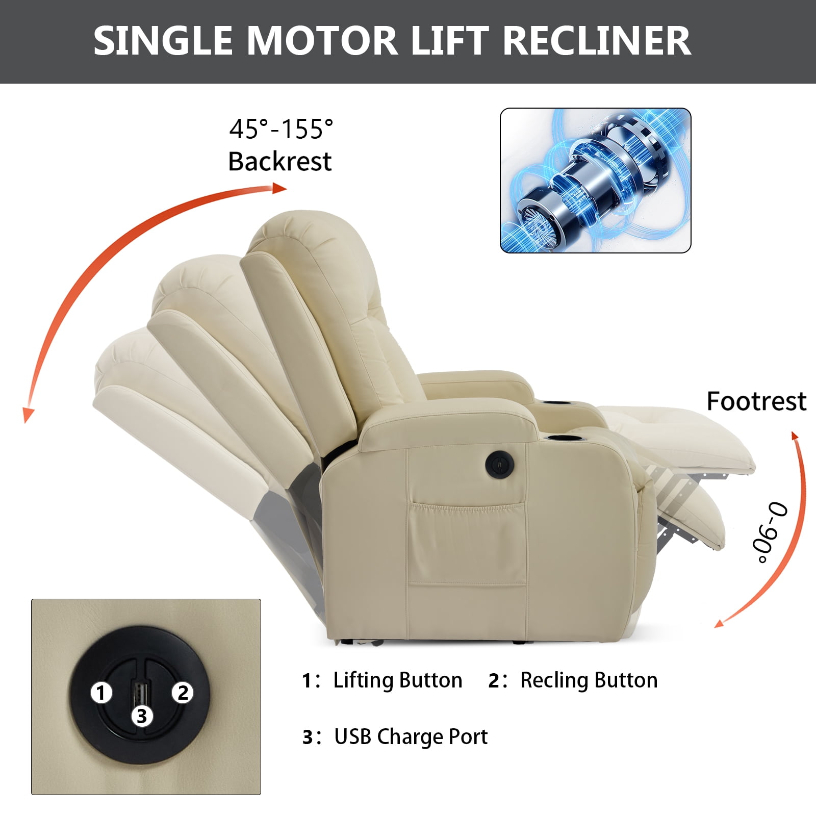 Power Lift Recliner Chair with Massage and Heat,Faux Leather Soft Chair with USB Charging&Cup Holders, Infinite Position Reclining,Heavy Duty 350 LBS Capacity
