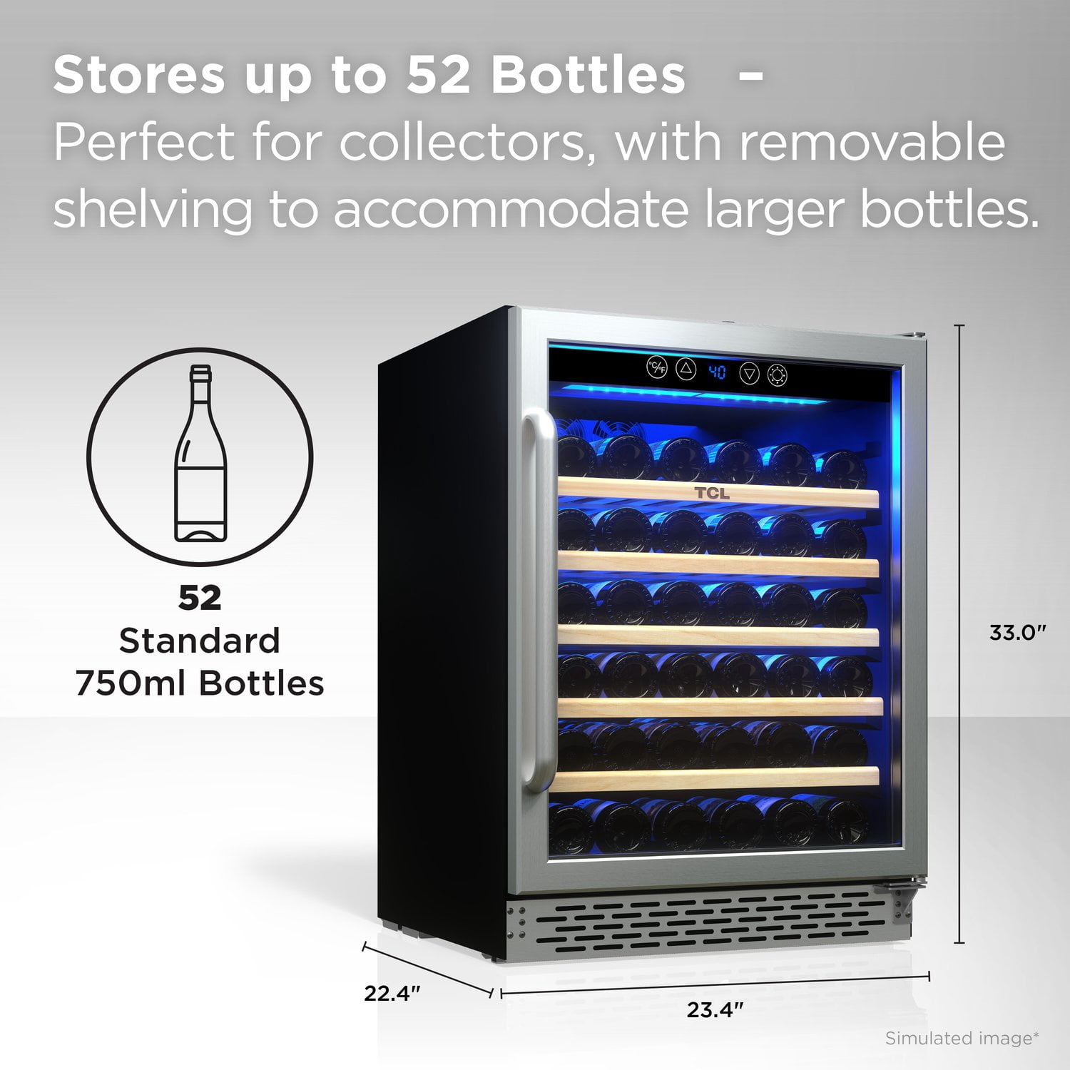 TCL Stainless Steel Single Door 52 Bottle Wine Cooler for Kitchen, Bedroom & Office, 5.3 Cu. Ft.