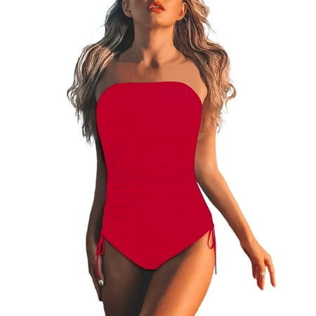 Upioiwer Women Strapless Swimsuit Bandeau Neon Yellow Bikini Top Bathing Suit Swimwear Bikini with Underwire Football Shirt Women s High Waisted Bikini Neon Shorts Red Medium