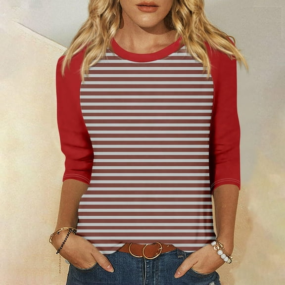 breaise Womens Tops Loose Fit 3/4 Sleeve Shirt Trendy Striped Color Blocking Shirts Summer Crew Neck T Shirts