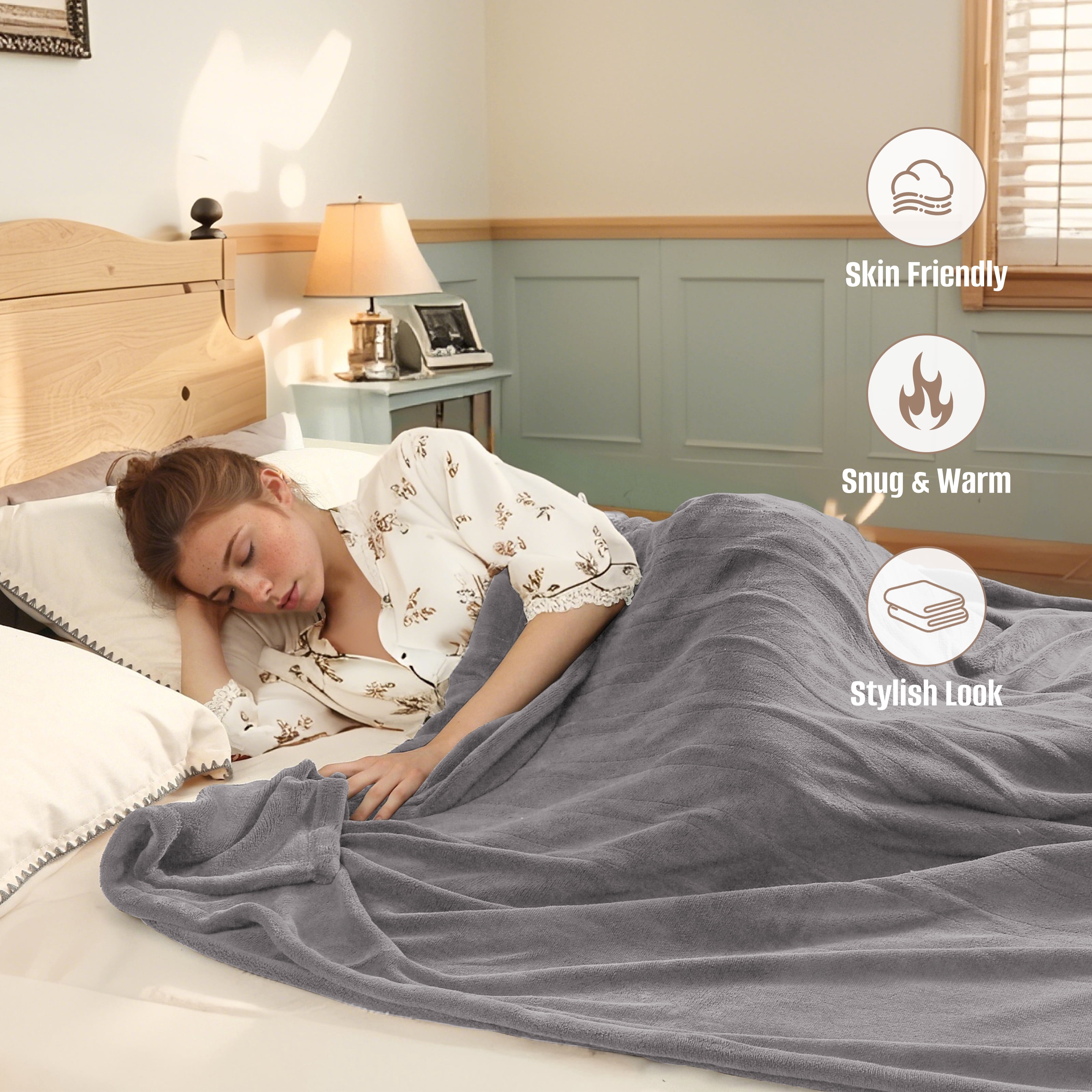 YAKEE Electric Heated Blanket 84"x90" Queen Size with Dual Control, 4 Heat Levels, 10-Hour Auto-off, Soft Coral Fleece, Overheat Protection, Gray