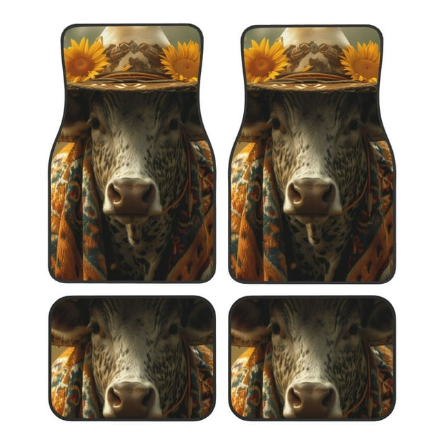 Kdxio Sunflower Cowboy Hat Cow Print Car Floor Mats Universal SUV Front Rear Floor Foot Mats 4-Piece Full Set with Non-Slip Rubber Backing Car Accessories for Most Cars