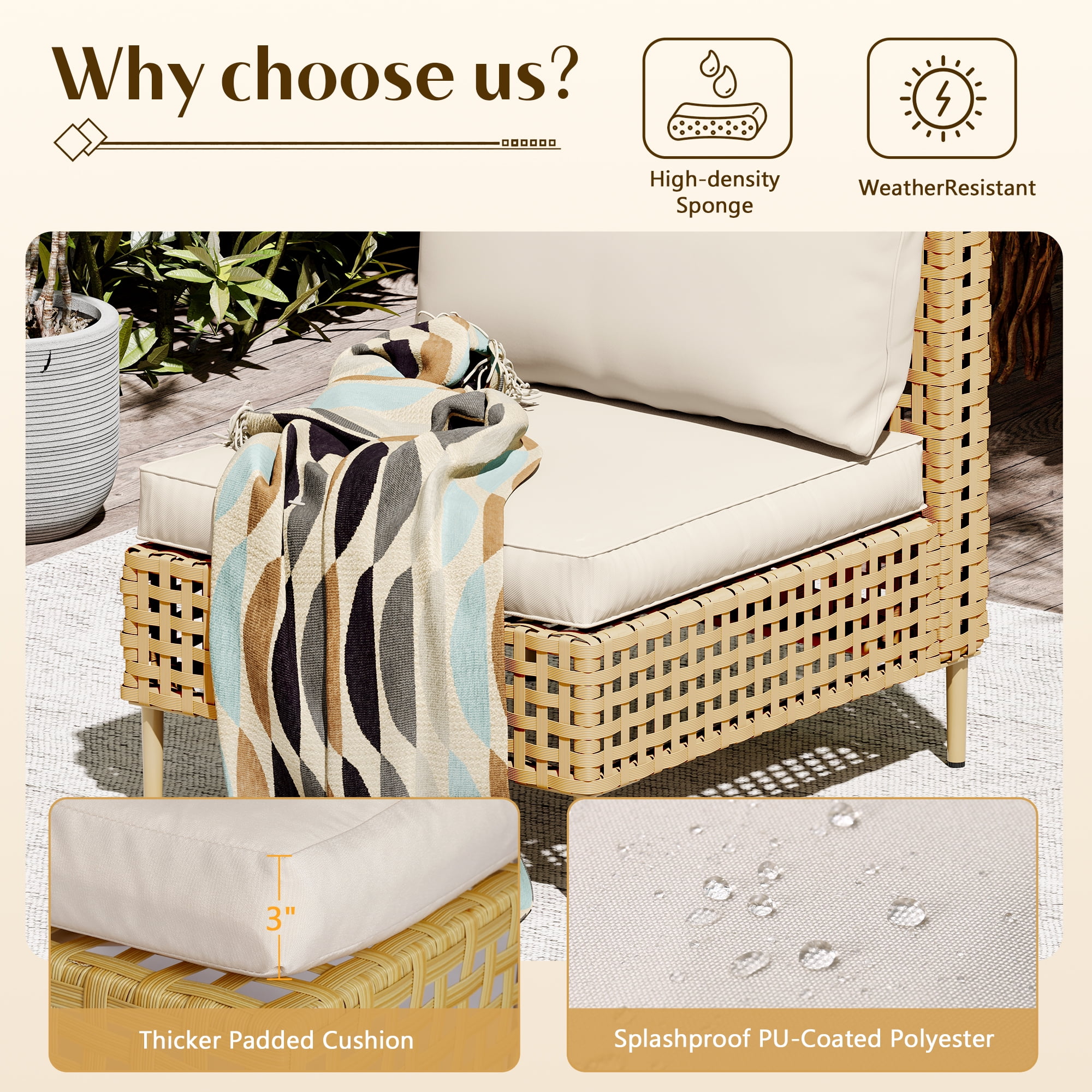 LHBcraft 7-Piece Wicker Patio Furniture Set, Boho Outdoor Conversation Set Sectional Sofa with Water Resistant Thick Cushions and Coffee Table