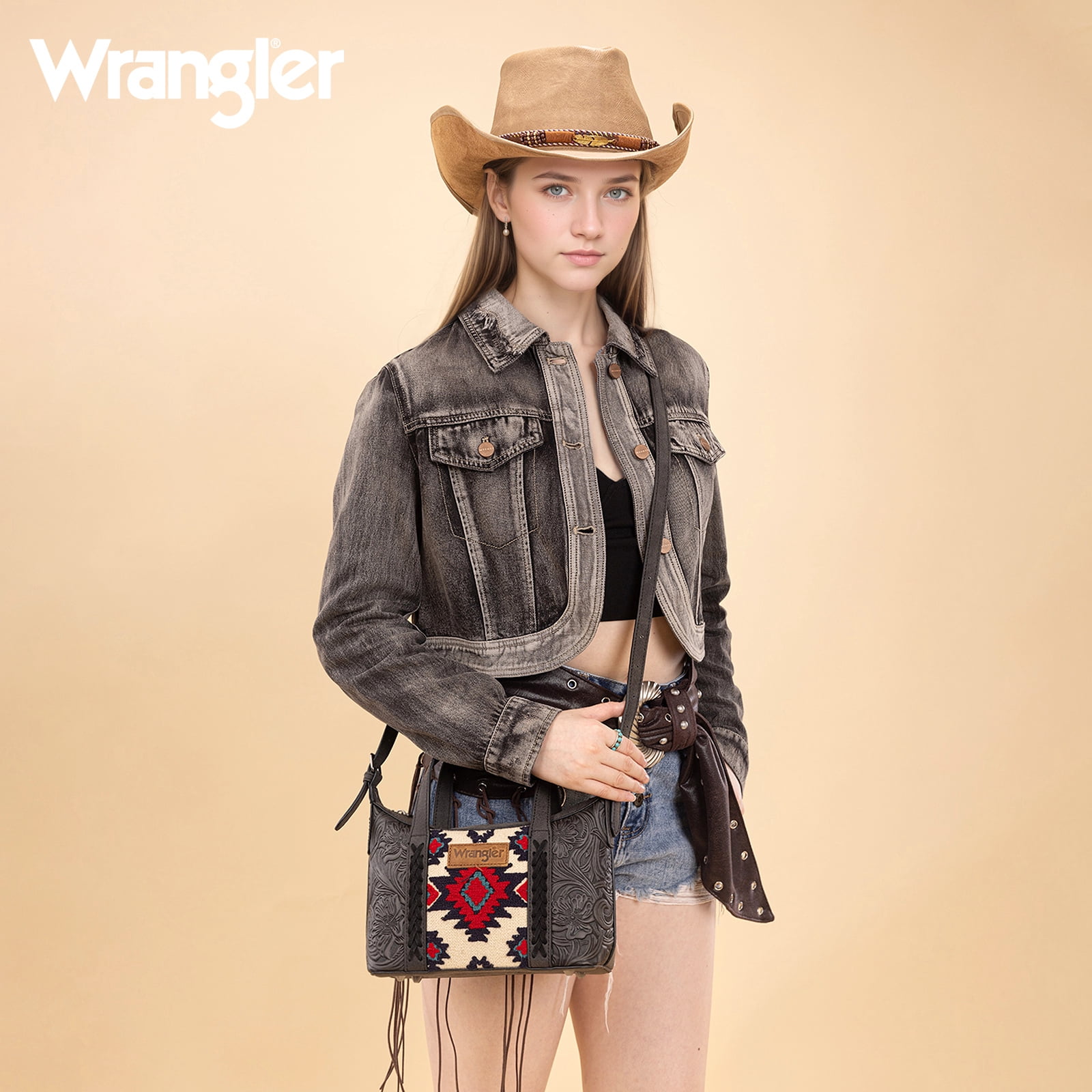 Wrangler Tooled Aztec Small Crossbody Handbag for Women Stylish Handle Bag Designer Top-Handle Crossbody Bags, Black