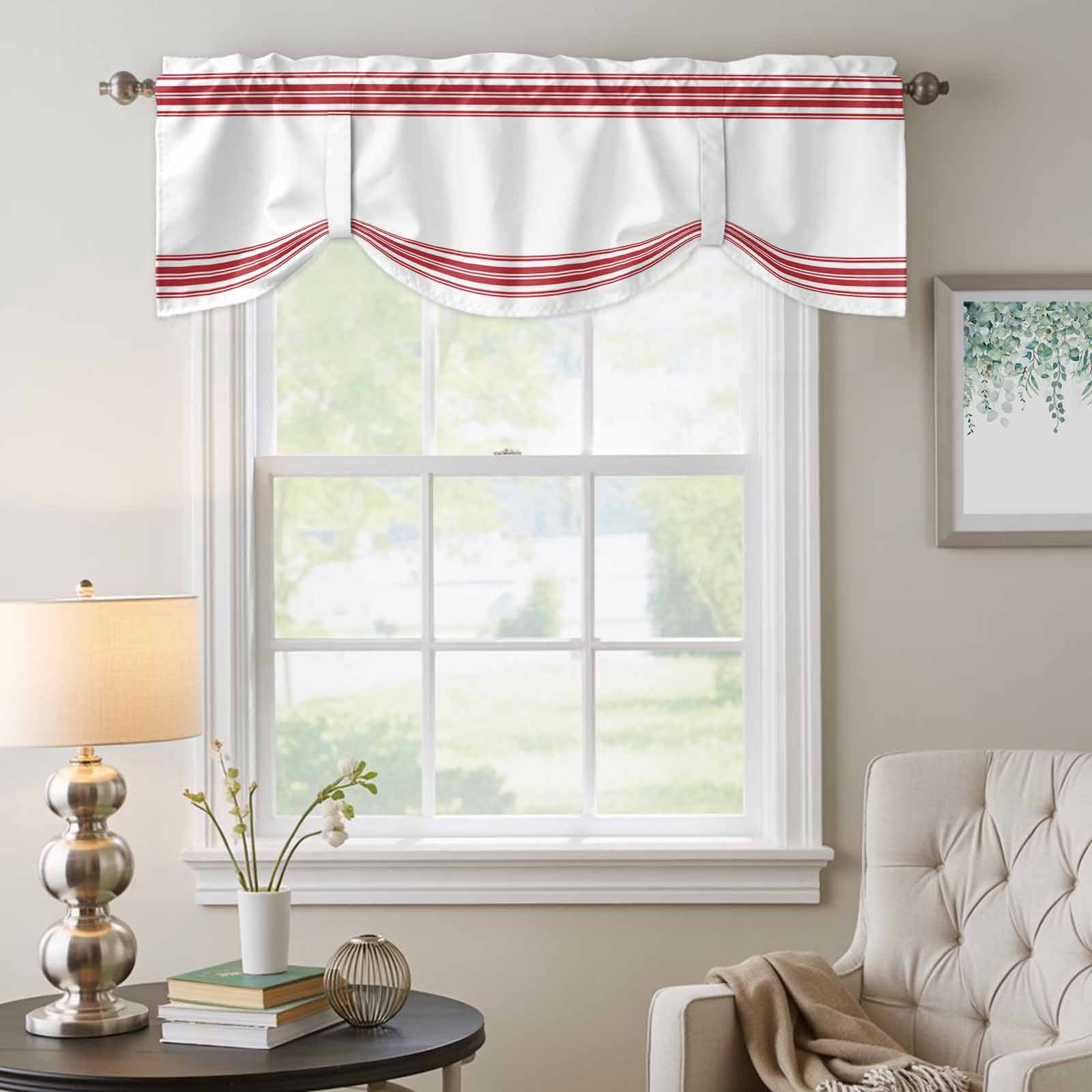 Farmhouse Red Tie Up Valances Curtain, Adjustable Kitchen Stripes Decoration Valances for Windows Decor, Rod Pocket Short Curtains Set for Bedroom/Bathroom, 60"x18"