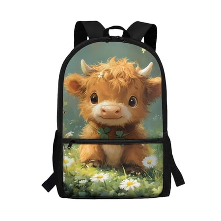 Uorisanigo Cute Highland Cow School Backpack for Kids 17 inch Durable Breathable School Bag Backpack for Girls Boys Primary Elementary Multifunctional Storage Daypack