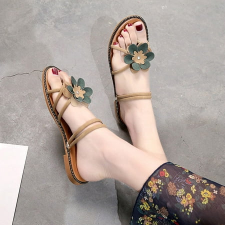 

1 Pair Women Summer Sandals Flower Decor Low Heel Anti-slip Lightweight Slippers 38