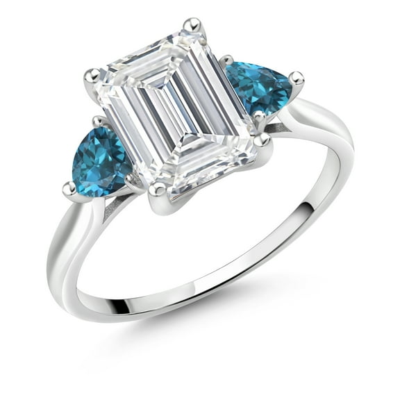 Gem Stone King 10K White Gold IGI Certified VS Lab Grown Diamond & London Blue Topaz 3 Stone Engagement Ring for Women | 3.52 Cttw | Center Emerald Cut Diamond 3 Ct | 4MM Trillion (Size 5.5)