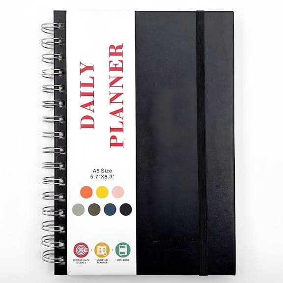 CCOCC 5 Subject Notebook,A5 Spiral Planner with Inner Pockets - PU Leather Hardcover Undated Daily Planner Notebook for Work,School & Home,Productivity Organizer with To-Do List & Hourly Schedule