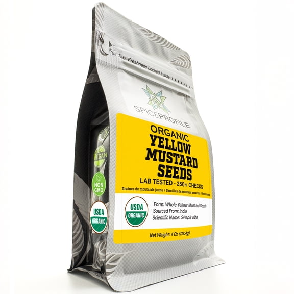 Spice Profile Organic Yellow Mustard Seeds, Sarson, 4 oz, Lab Tested, Fresh Resealable Pack