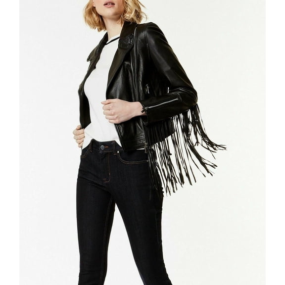 Noora New Women Leather Lambskin Crop Jacket Black Fringe Biker Motorcycle
