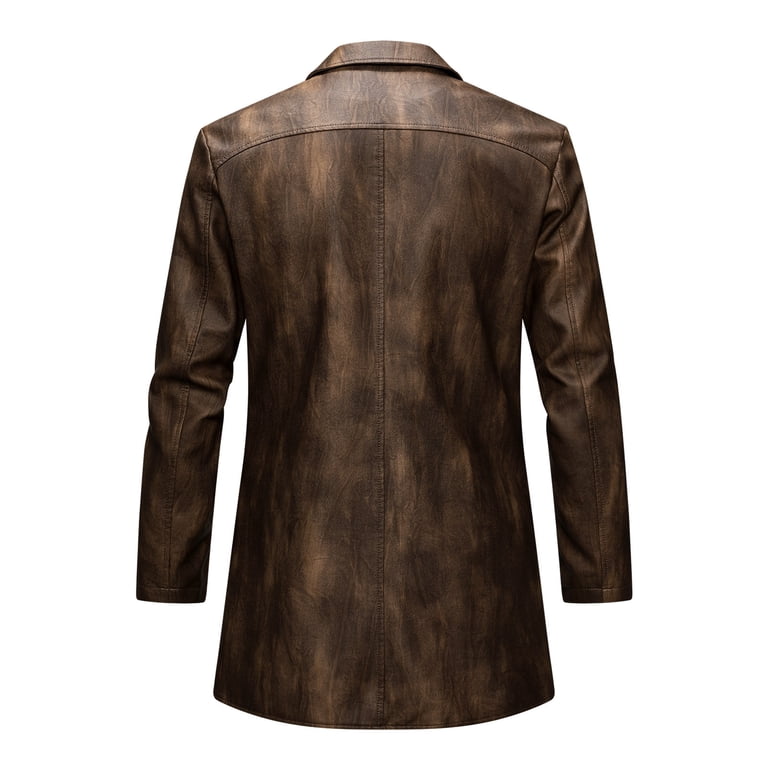 Levmjia Men's Mid-Length Distressed Leather Jacket Vintage Brown