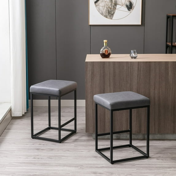 Bar Stools Backless Saddle Seat Barstools Modern Leathaire Fabric Cushion Counter Height Chairs and Metal Steel Frame& Footrest for Kitchen Island, Dining Pub, 24 Inches (Dark Gray,Set of 2)