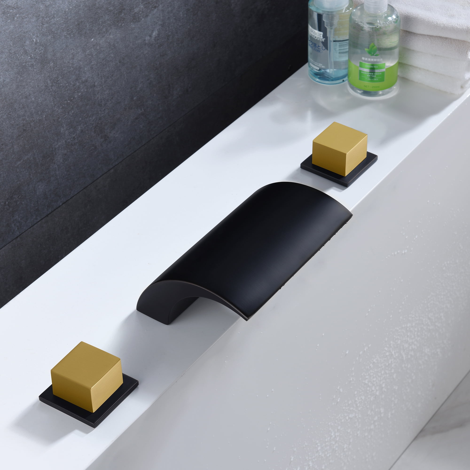 SUMERAIN Roman Bathtub Faucet 3 Hole Deck Mount High Flow Waterfall Tub Filler Black and Gold Finish