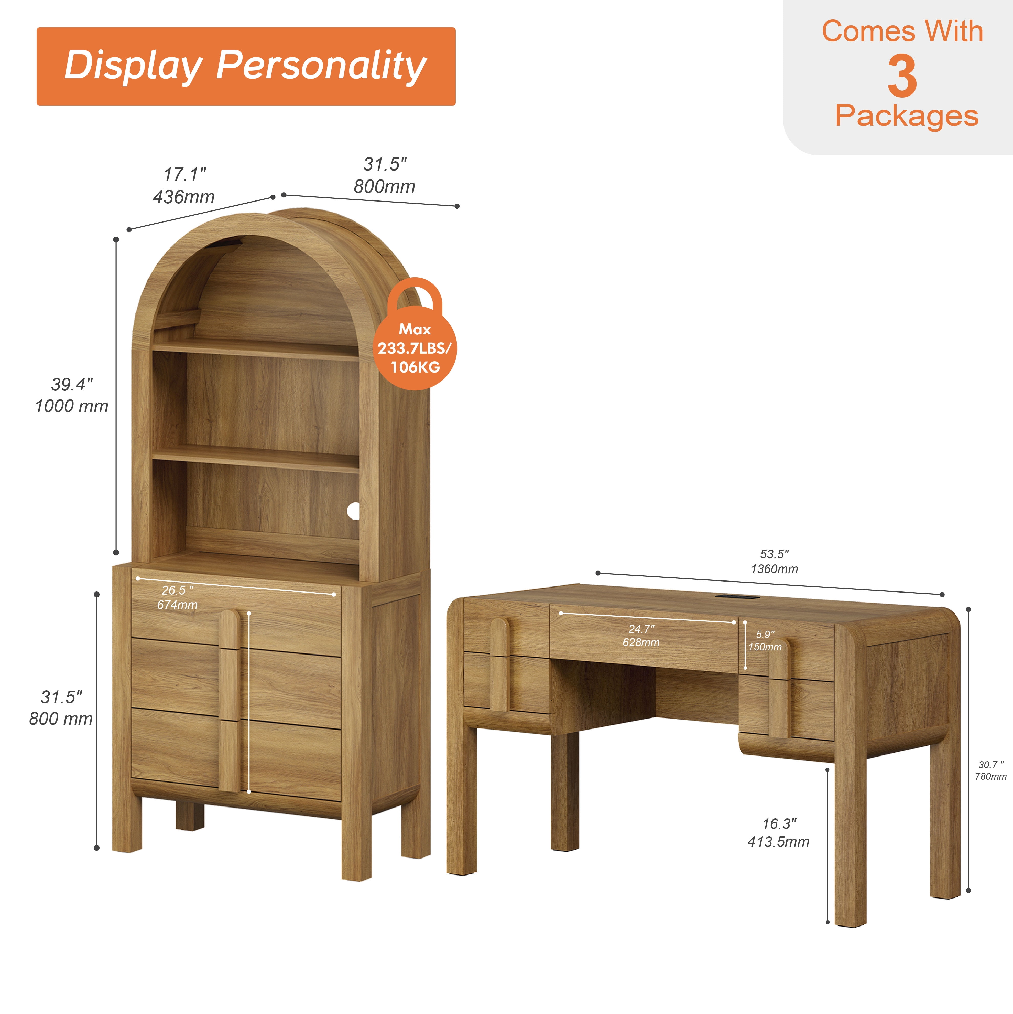 2 Piece Office Set, 53.5" Modern Executive Desk with Charging Station and Drawers & 71"H Tall 3-Tier Arched Bookcases with Open Storage for Living Room, Bedroom, Home Office