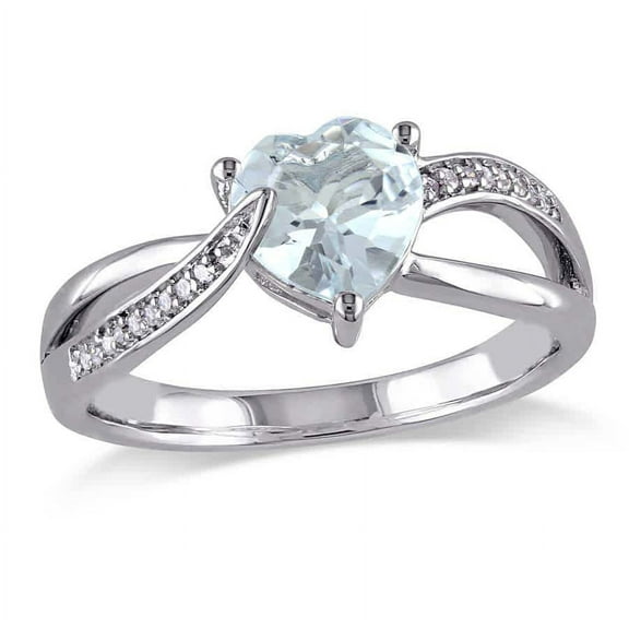 AMOUR Aquamarine and Diamond Heart Crossover Ring In Sterling Silver