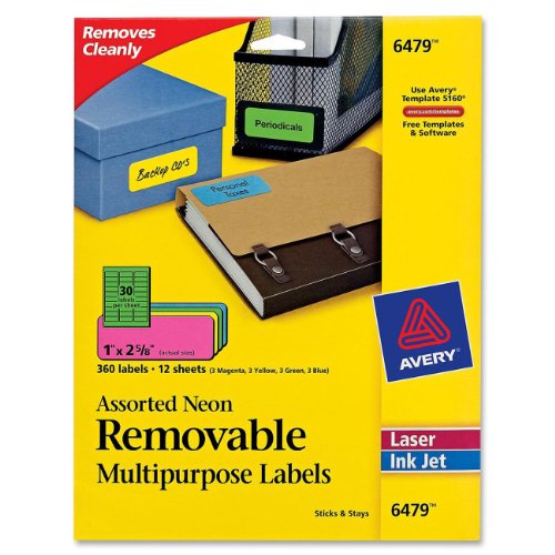 Avery Multipurpose Labels, Removable, Assorted Neon, 1 x 2.625 Inches