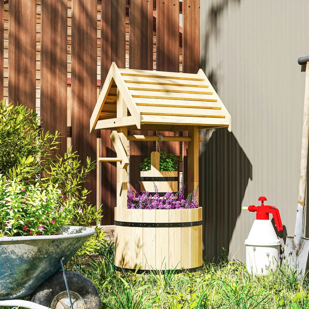 Resenkos Wood Wishing Well for Outside with Hanging Bucket, Wishing Well Planter with Drain Hole for Garden Patio, Natural