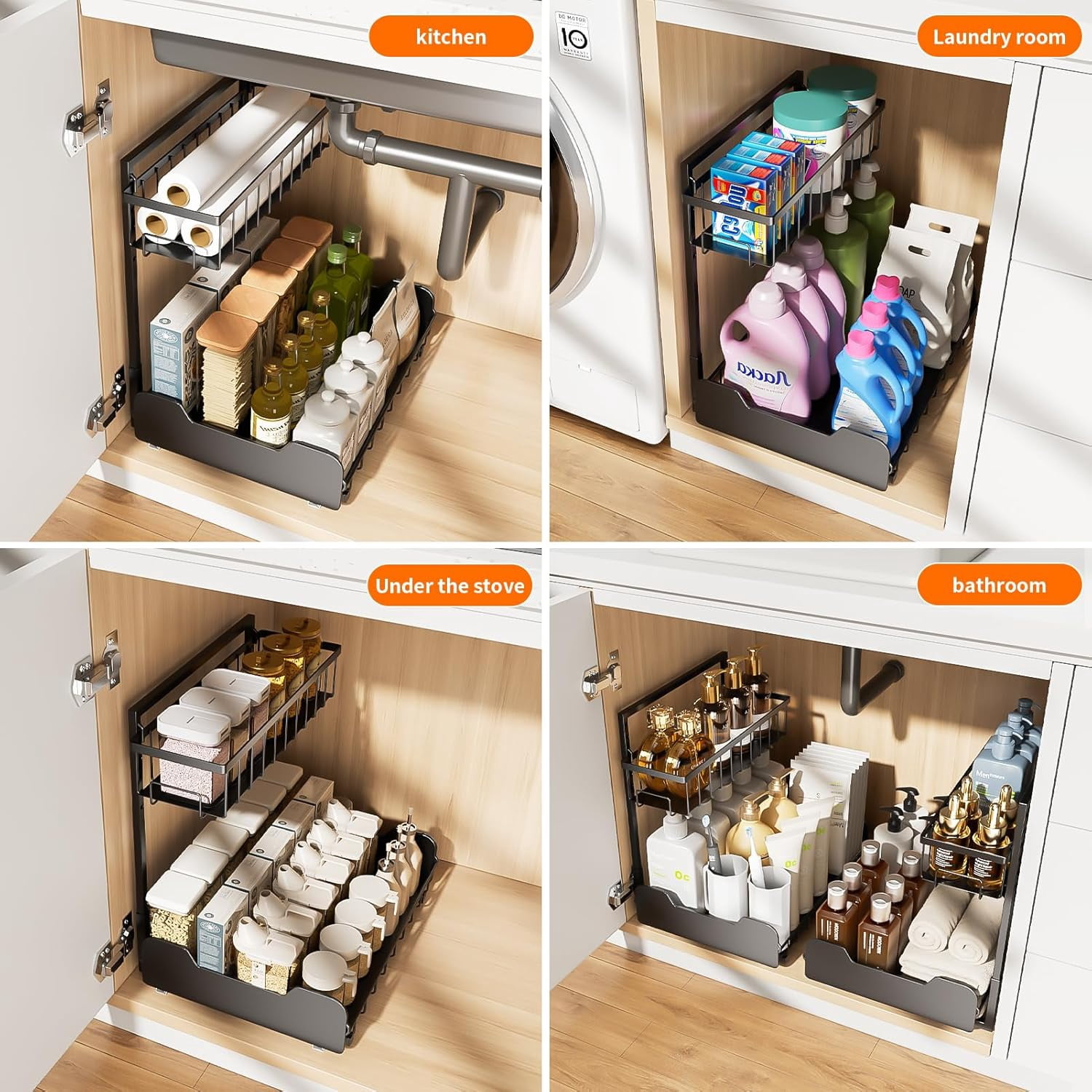 Under Sink Organizer, 2-Tier L-Shaped Pull Out Cabinet Shelf with 2 Installation Methods, Adjustable Sliding Storage Drawer for Kitchen, Bathroom, Laundry, Metal, Black
