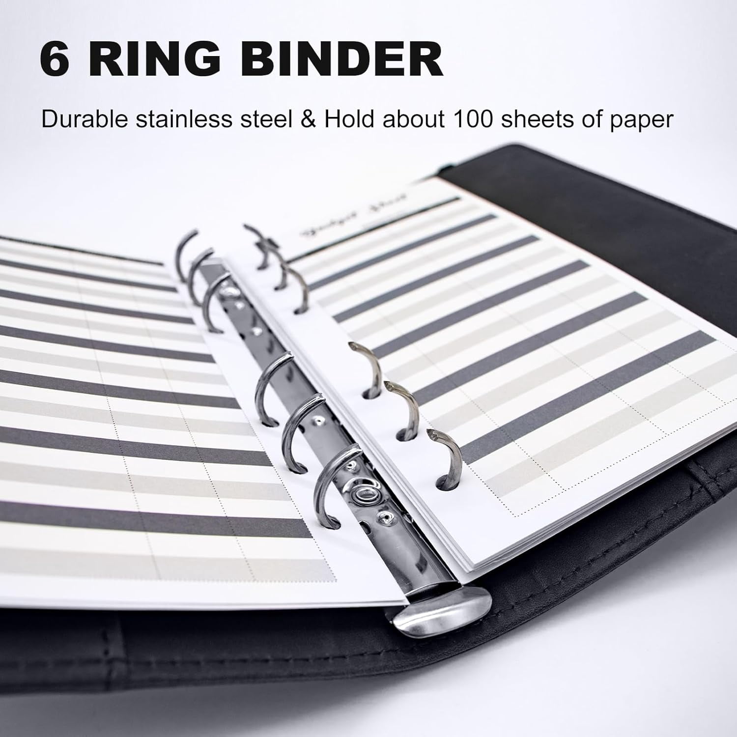 MetalM - A5 Binder 6 Ring,Mini Photocard Binder for A5 Filler Paper, Loose Leaf Personal Planner with Magnetic Buckle Closure(Black)