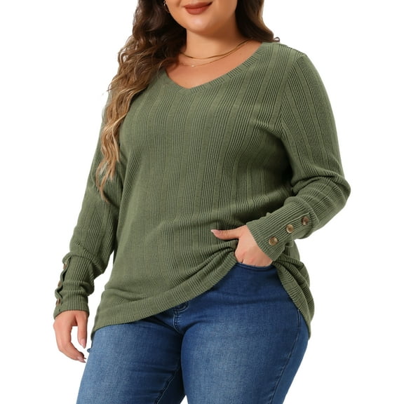 DARING DIVA Women's Plus Knit Tops V Neck Button Stretch Sweater 1X Army Green