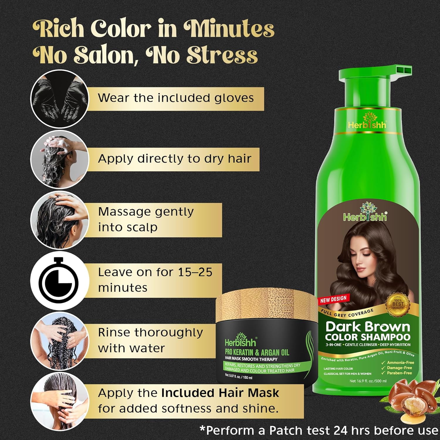 Herbishh Combo Pack - 2 Pc Hair Color Shampoo, Long Lasting Color, (500 ml, Dark Brown) + 1 Pc Argan Hair Mask, Nourishes Dry & Frizzy Hair (150 ml)