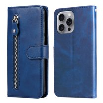 For iPhone 16 Pro 6.3-inch Wallet Case for Women Men Multi-Card Slots Zipper Pocket Leather Phone Case,Blue,For iPhone 16 Pro