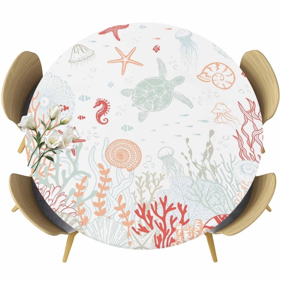Coastal Turtle Fitted Tablecloth with Elastic Edged, Round Table Cloth for Dining Table, Orange Red Coral Green Jellyfish Starfish Waterproof Oil Proof Table Cover for Indoor Outdoor 36"-44"