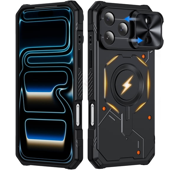ELEHOLD Rugged Magnetic Phone Case for iPhone 17 Pro, Shockproof Heavy Duty Protective Cover with Camera Shield Non-Slip Grip, Black