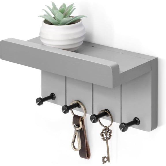 Small Key Holder Wall Mount 8 inch Key and Mail Holder for Wall with Shelf and 4 Sturdy Hooks for Room Decor