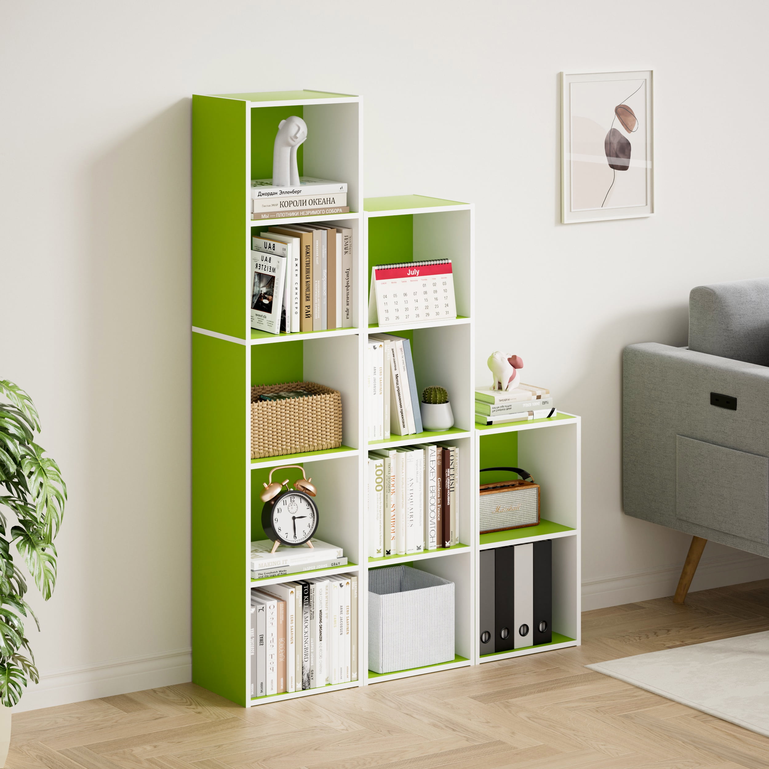 HOMLUX 9" x 12" x 21" Storage Shelf 2 Tier Cube Bookcase, Suitable for Small Space, White & Green