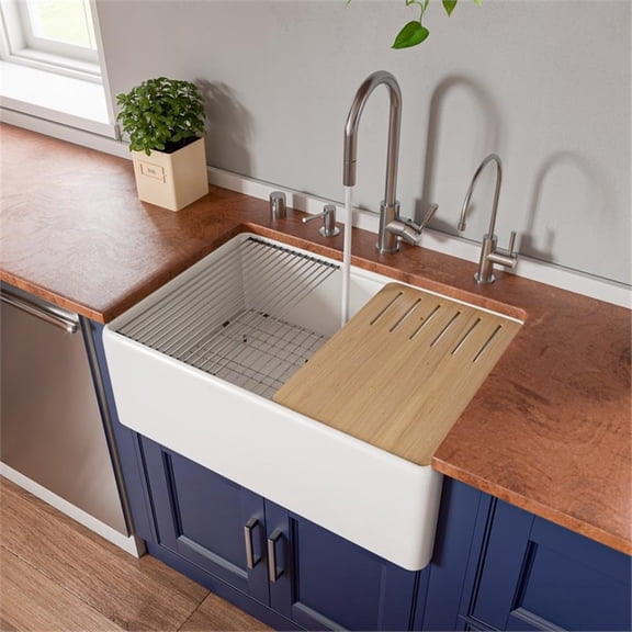 Pemberly Row White Apron Workstation 30" x 20" Single Bowl Fireclay Farm Sink