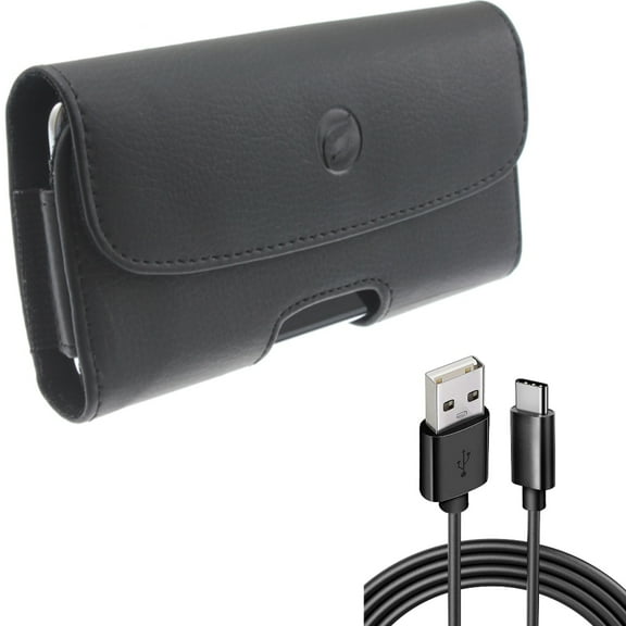 Type-C 6ft USB Cable w Leather Case Belt Clip for Samsung Galaxy A73 5G,A13 5G,A03s Phones - Charger Cord Power Wire USB-C, Holster Cover Pouch Loops