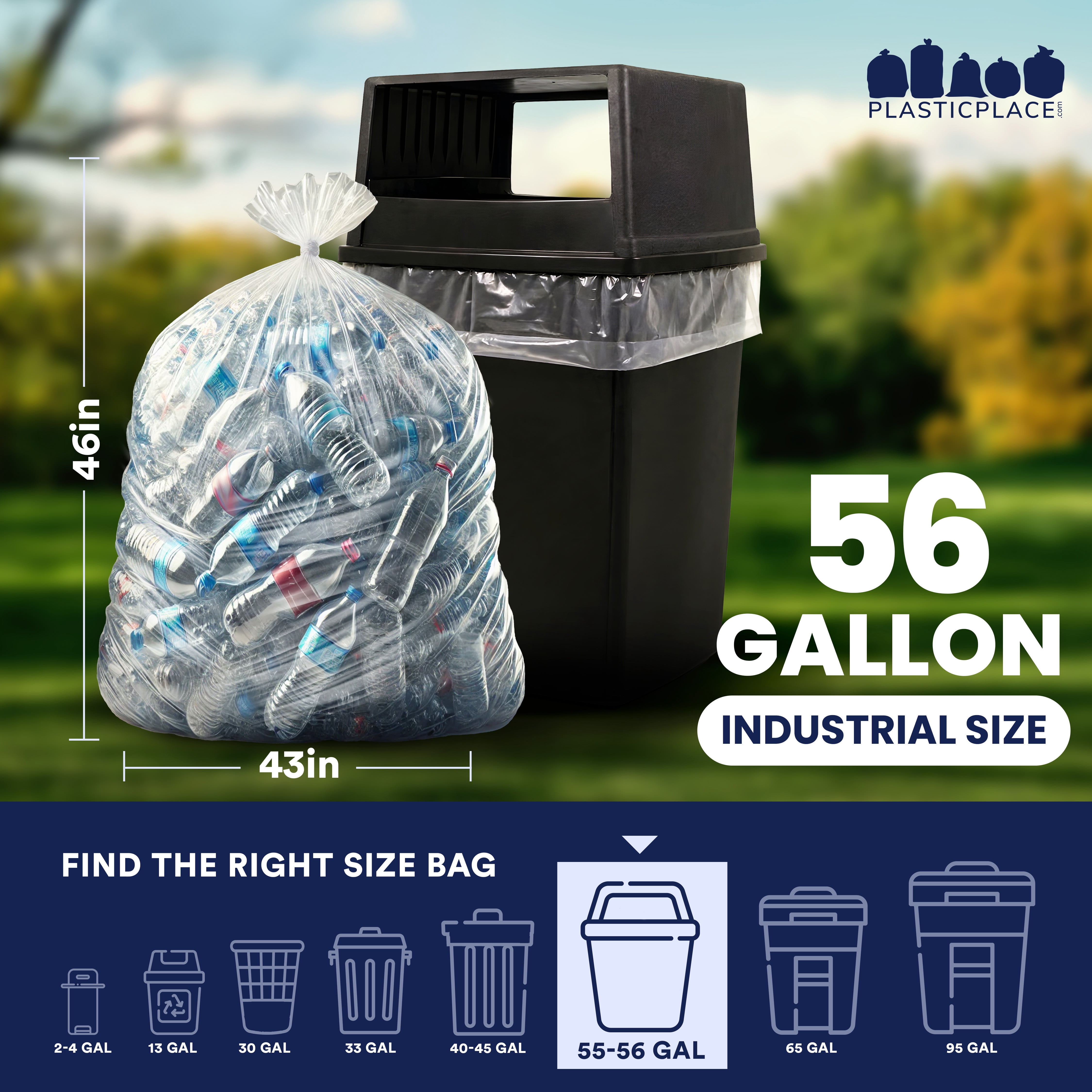 Plasticplace 56 Gallon Clear Trash Bags, Heavy-Duty Garbage Can Liners, Tear & Leak-Resistant, Large Low-Density Trash Bags Commercial Residential Use, Fits Glutton Trash Cans (100 Count) 1.5 Mil
