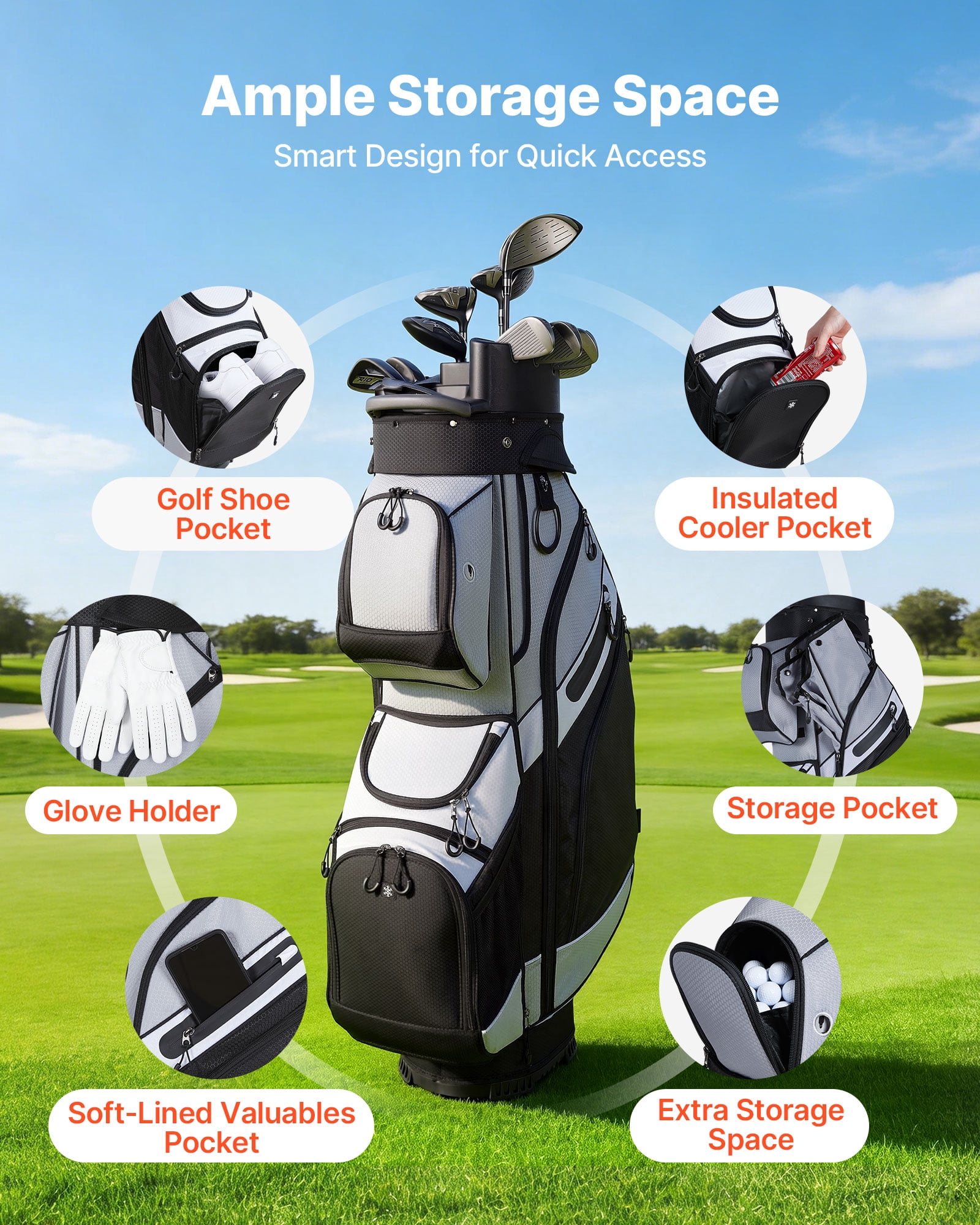 VEVOR Golf Cart Bag, 14 Way Top Divider Organizer, Golf Club Bag with Full-length Divider, Handles, Storage Pockets, Shoulder Strap, Rain Hood, Smooth Zippers, Lightweight Polyester for Men & Women