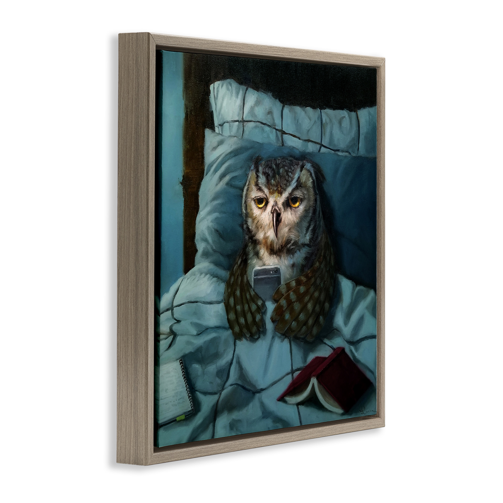 Stupell Industries Night Owl on Phone Animals & Insects Painting Brown Floater Framed Canvas Art Print Wall Art, 18 x 18