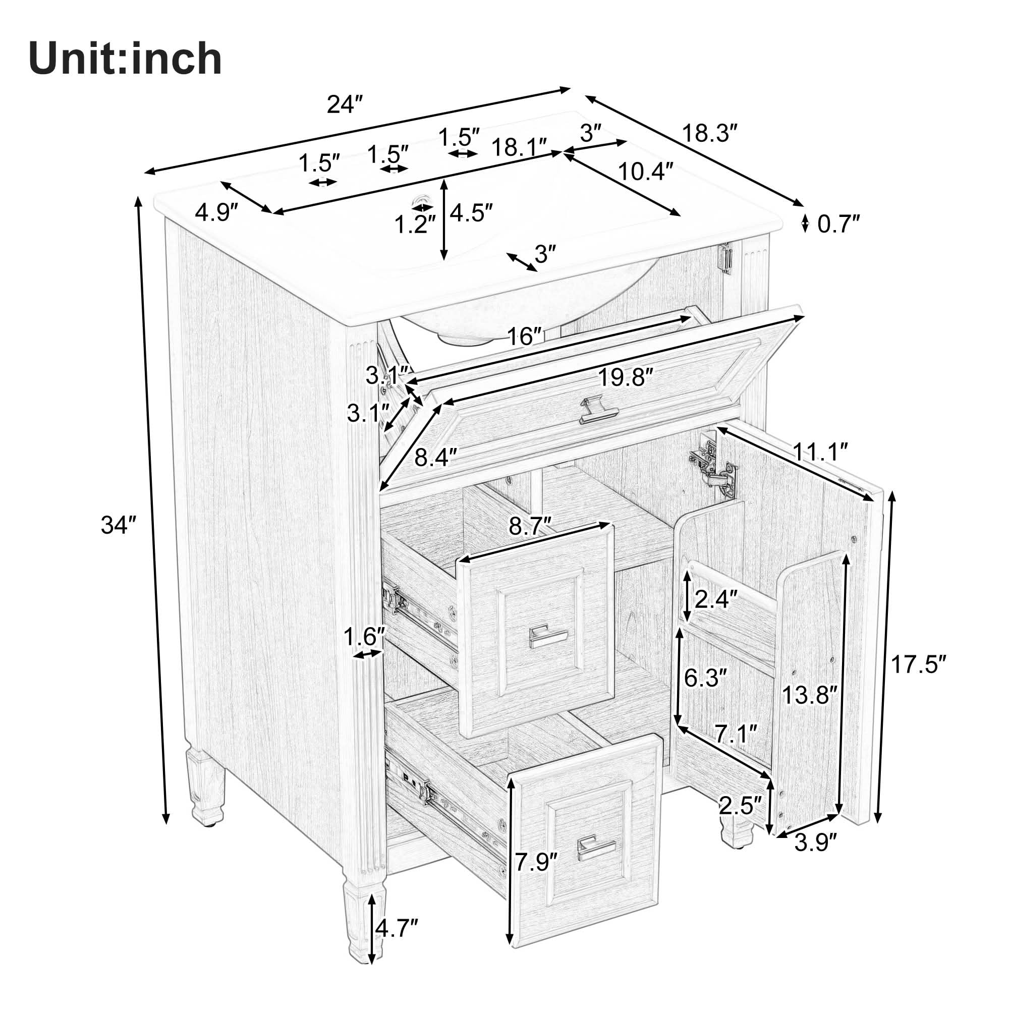MAYEERTY 24" Bathroom Vanity with Sink, 1 Flip Drawer 2 Drawers Adjustable Shelf, Solid Wood MDF, White