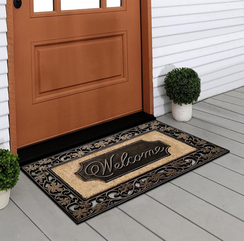 A1HC First Impression Rubber and Coir Large Floral Welcome Door Mat, 18" X 30", Dirt Trapper Thick Durable Heavy Duty Doormat
