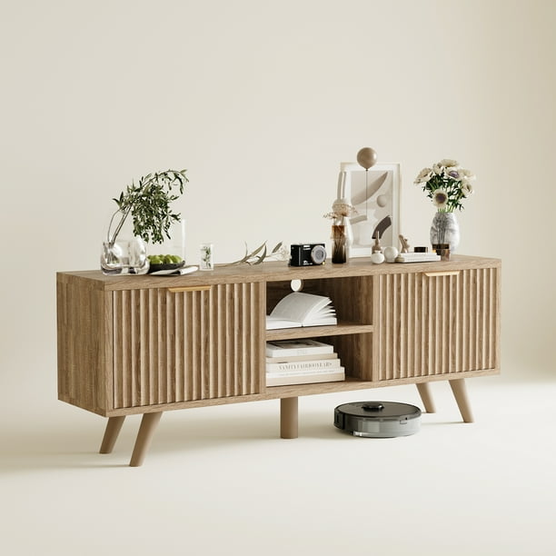 VERDALAY Mueble para TV con 2 puertas Soporte para TV Organizador para televisión Mueble para TV de madera con tira de luz Soporte para TV de madera con patas altas Consola para TV, roble