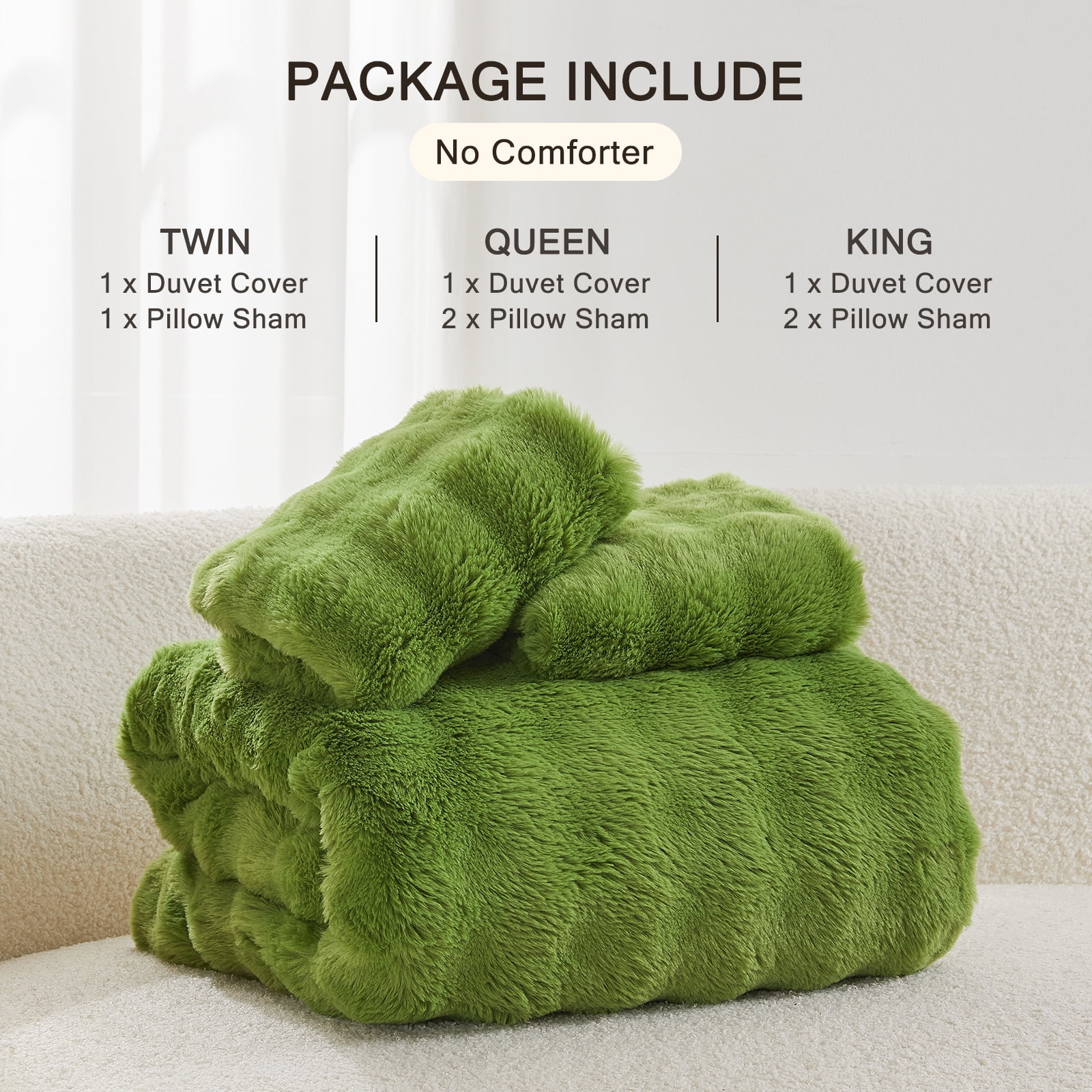 EMME Faux Fur Duvet Cover Queen Size, 3 Pieces Ultra Soft Fluffy Comforter Cover, Cozy Warm for Winter, Luxury Elegant Shaggy Bubble Bedding Sets , 1 Duvet Cover & 2 Pillow Shams (Queen, Green)