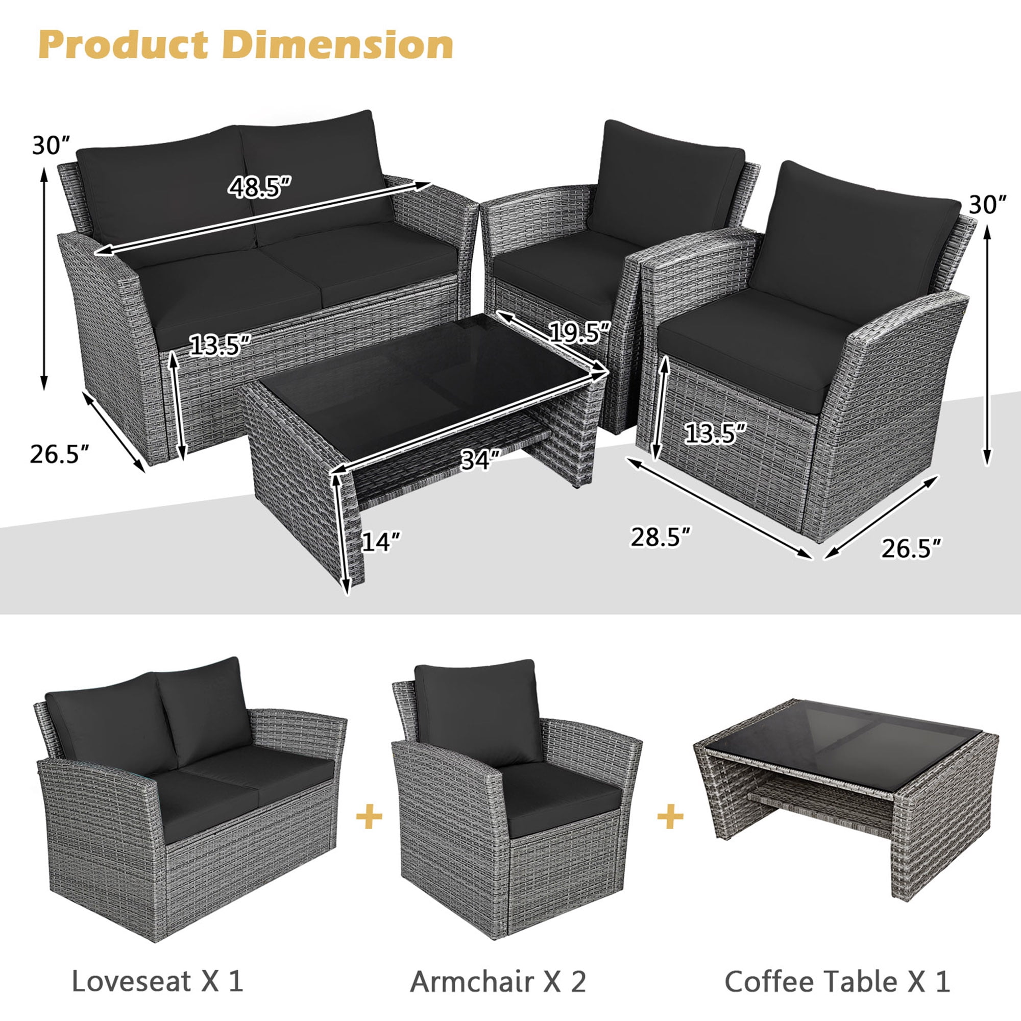 Gymax 4PCS Patio Rattan Conversation Set Outdoor Furniture Set w/ Black Cushions