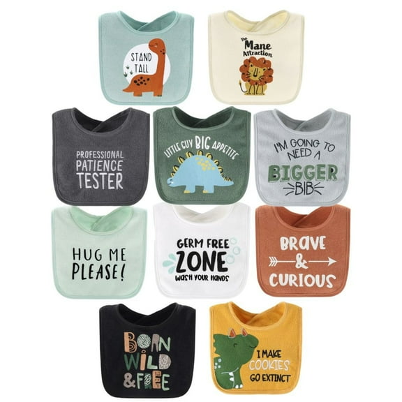 The Peanutshell Terry Feeding Baby Boy Bibs, 10 Pack, Dino