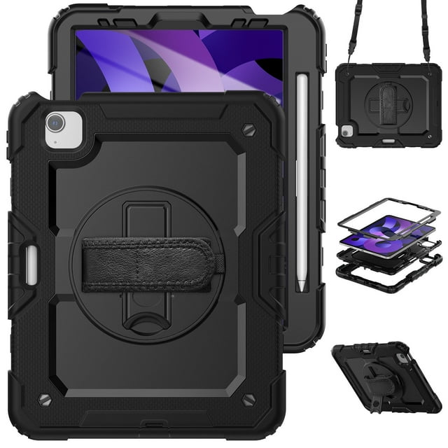 Case for iPad Air 5th Generation / iPad Air 4th Generation 10.9 inch with Screen Protector, 360 Degree Rotating Kickstand Hand Strap Shockproof Cover with Shoulder Strap, Black
