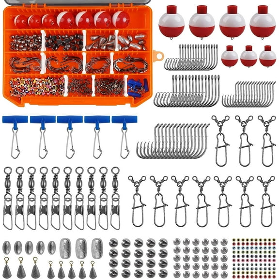 Fishing Hook Bobber Accessories Tackle Box Kit, 258Pcs Fishing Kit Included Fishing Hooks Weights Swivels Bobbers Beads Fishing Gear Terminal Tackle Box for Bass Trout Catfish