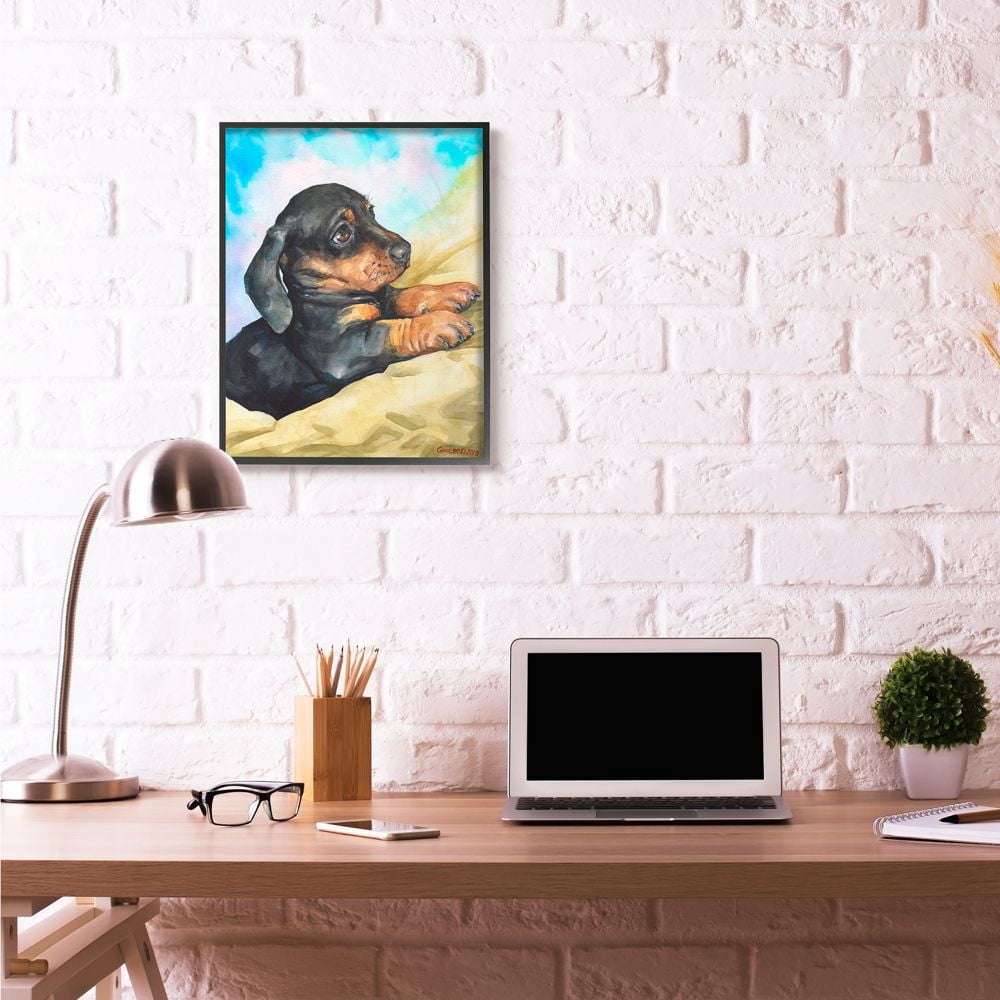 Stupell Industries Cute Dachshund Puppy Dog Pet Animal Watercolor Painting Framed Giclee Texturized Art by George Dyachenko