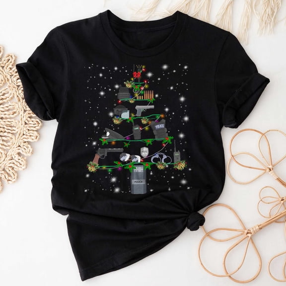 Police Christmas Tree T-Shirt, Funny Police Lover Gift, Police Christmas Lights Shirt, Christmas Gift for Police Officer, Holiday Shirt for Women Men