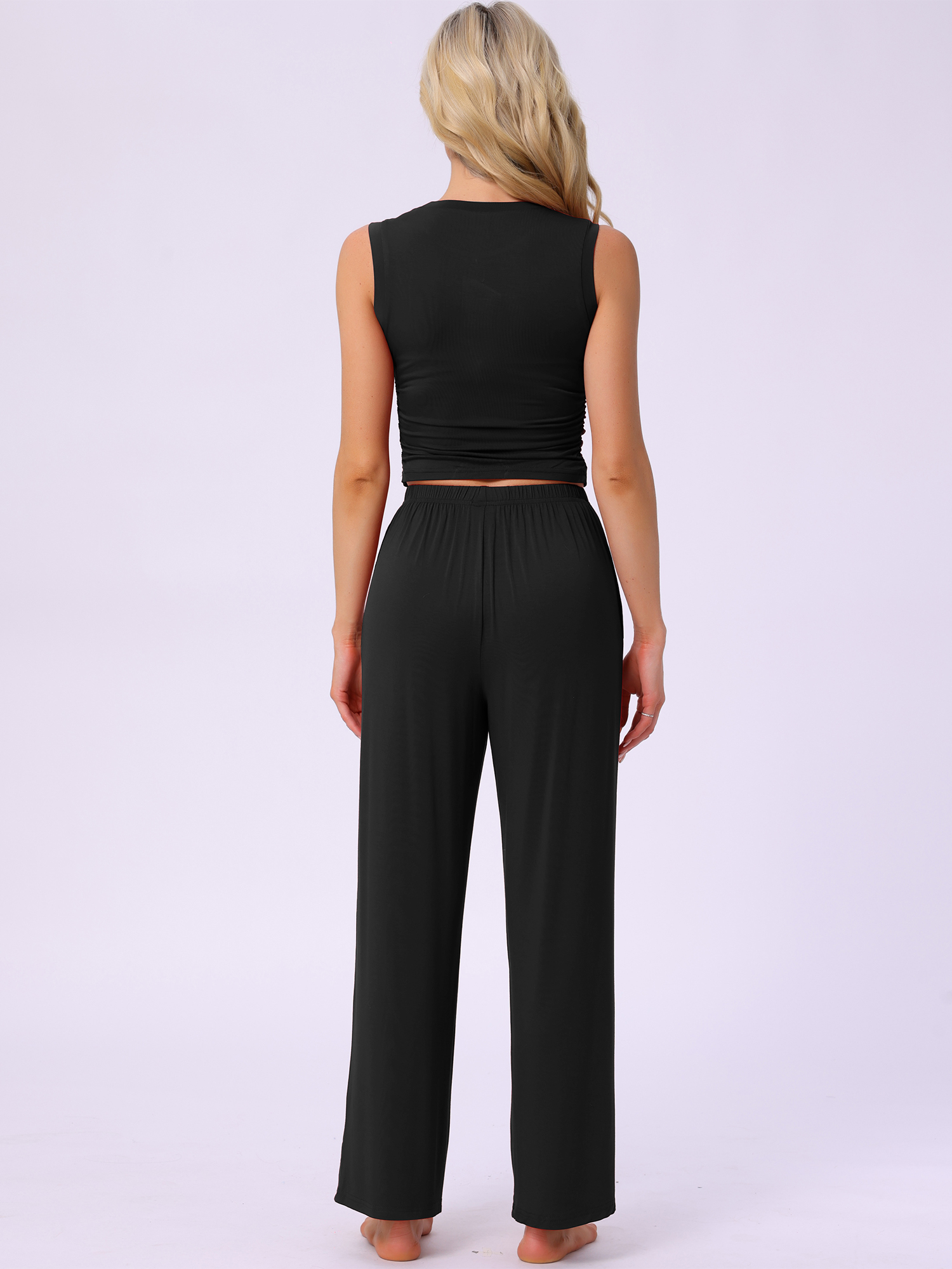 DARING DIVA LoungeStretchy Side Ruched Crop Top Tank Pajama Set XL Black