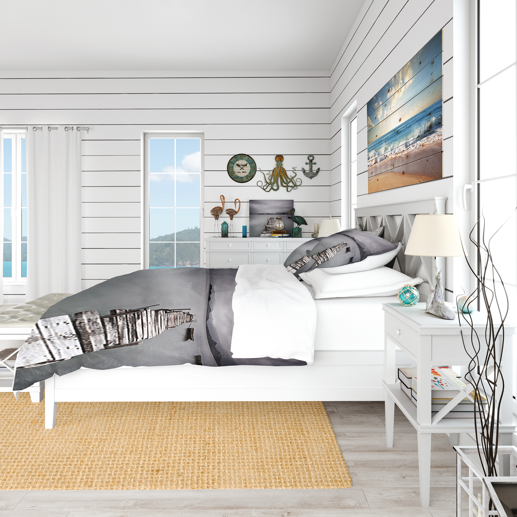 Designart 'Pier and Boats At Seashore' Coastal Duvet Cover Set