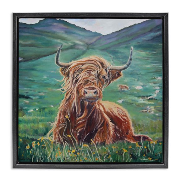 Stupell Industries Traditional Highland Cattle Windblown Black Floating Frame Canvas Art, 18 x 18, by Carrie Goller
